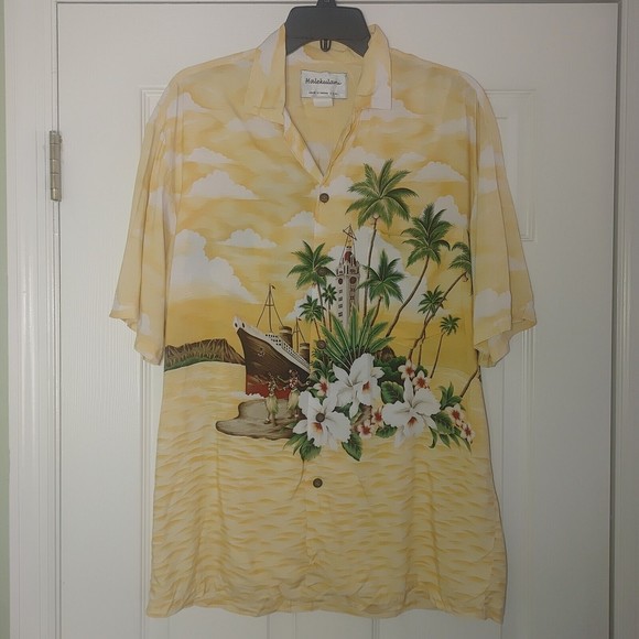 Halekulani Hawaiian Aloha Short Sleeve Camp Shirt Size Medium Yellow Rayon - Picture 1 of 6